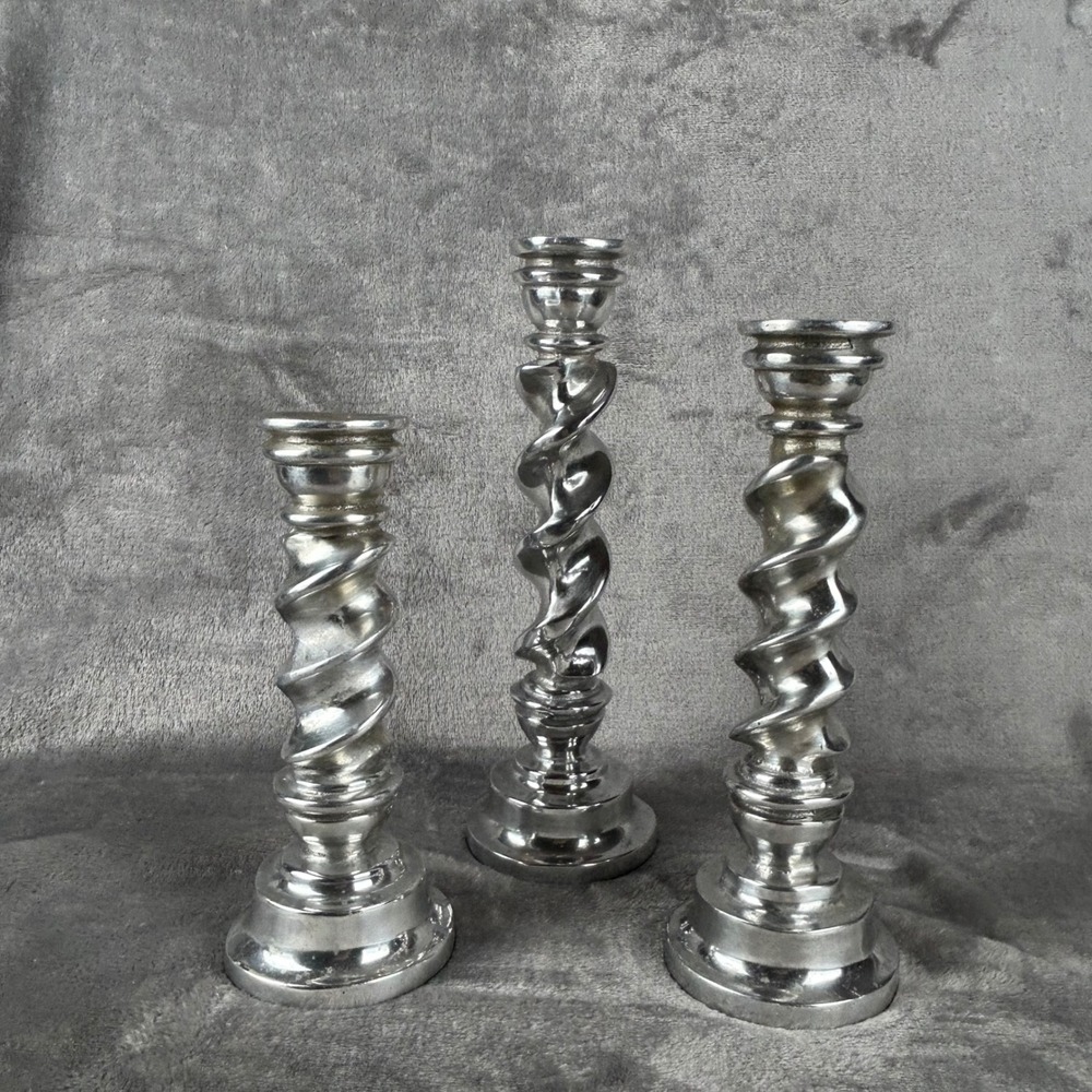 Vintage Silver Barley Twist Candlestick Holders Set of 3 Spiral Taper Pillars